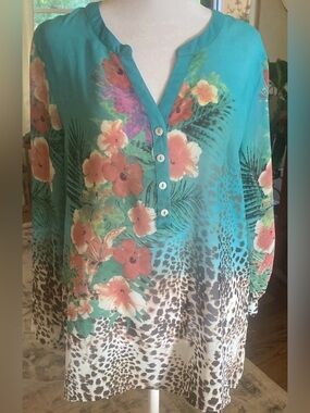 Soft Surroundings Blouse Teal Green Sheer Leopard Floral Flowers Pullover Top PL